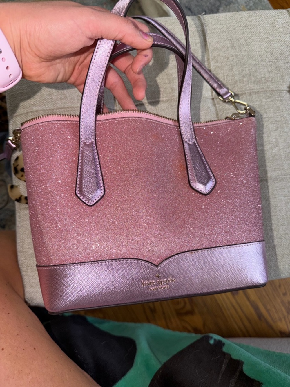 kate spade rose pink glitter tote with metallic trim